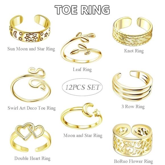 14K Yellow Gold Adjustable Boho Open Toe Rings - Set of 12 - Picture 4 of 6